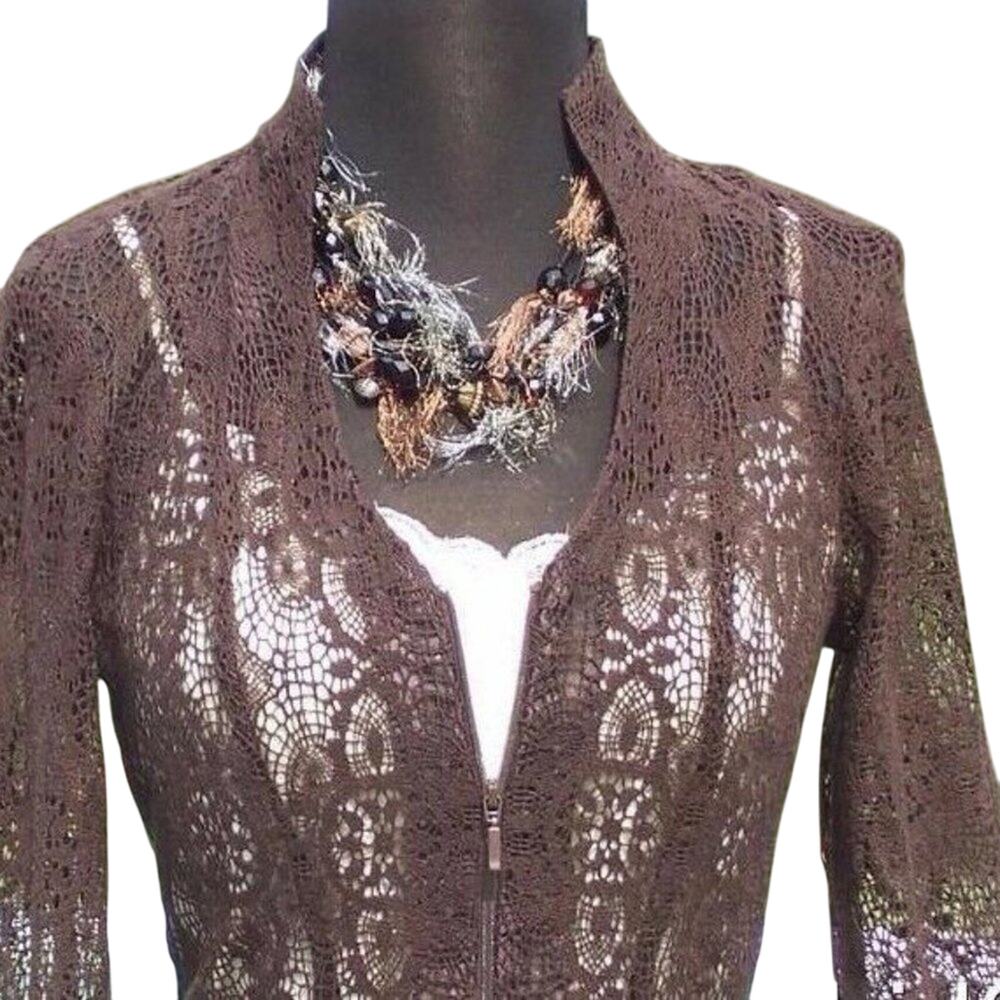 Cache Espresso Brown Sheer Illusion Lace Top Jacket Front Zipper New $158 NWT